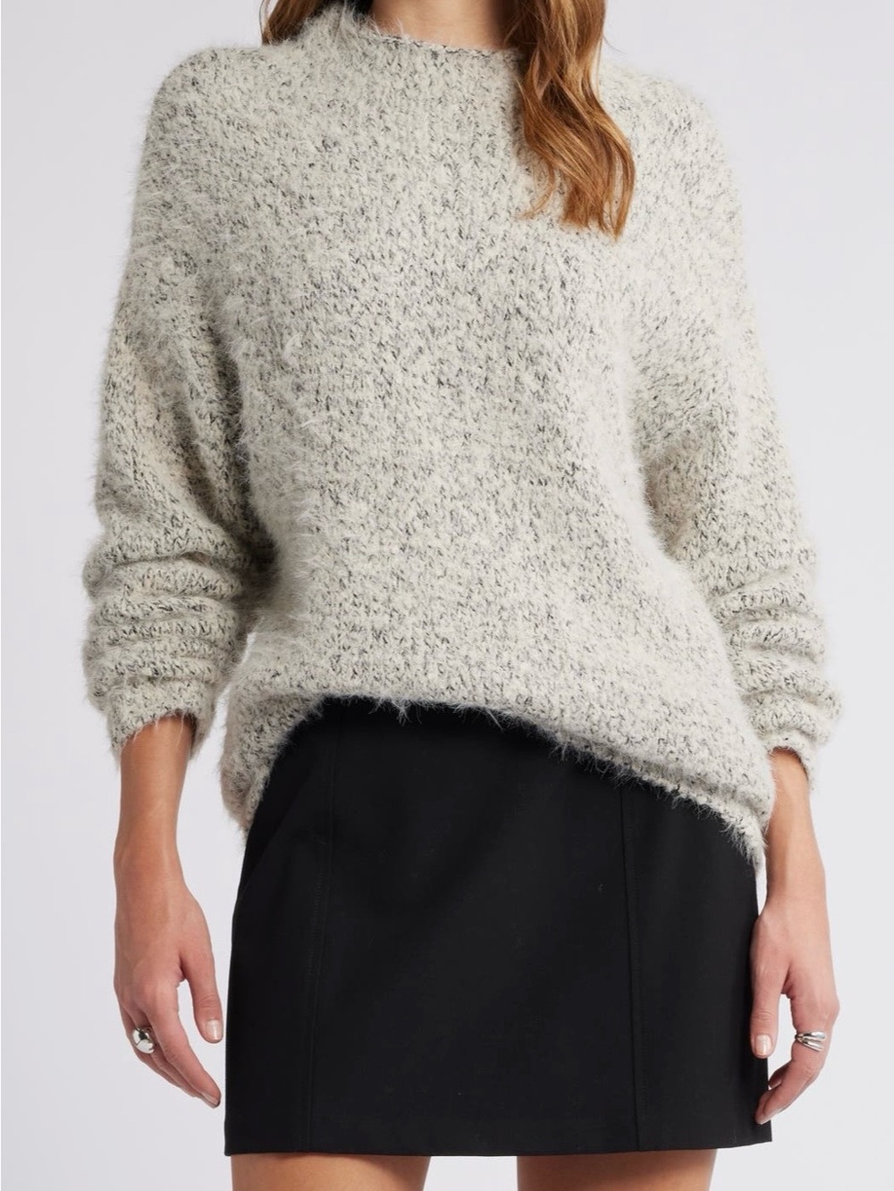 Open Edit Gray Fuzzy Marled Knit Mock Neck Sweater Medium